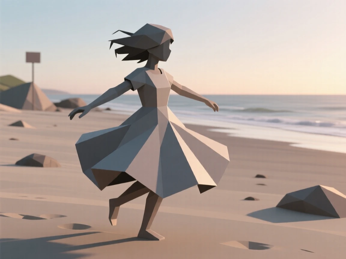 A young girl twirling in a flowing dress, on a windswept beach at dawn. natural light enhances the authenticity of the scene. A gentle warmth radiates through the scene.