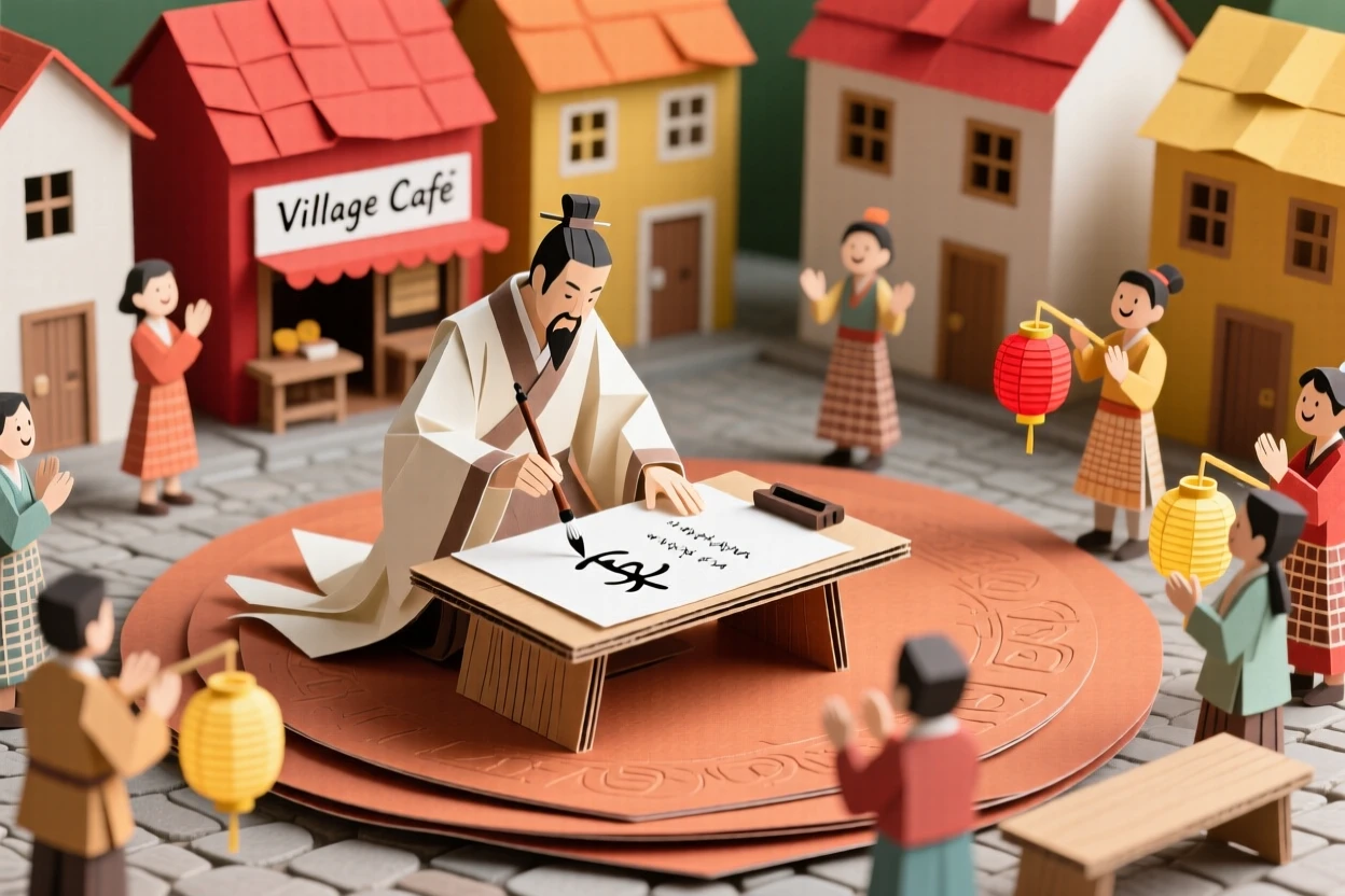 A skilled calligrapher at work celebrated in a lively village square, with intricate patterns catching the eye, capturing joyful communal celebration.