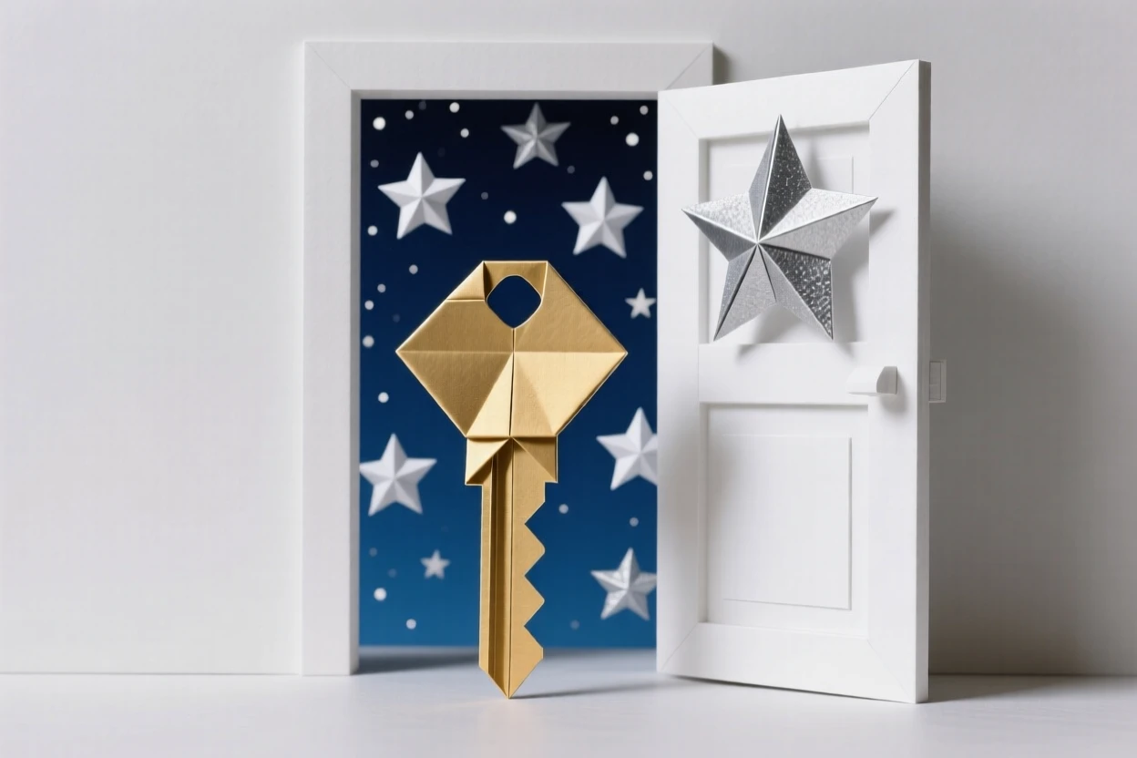 A single key unlocking a doorway that opens onto a starry night sky.