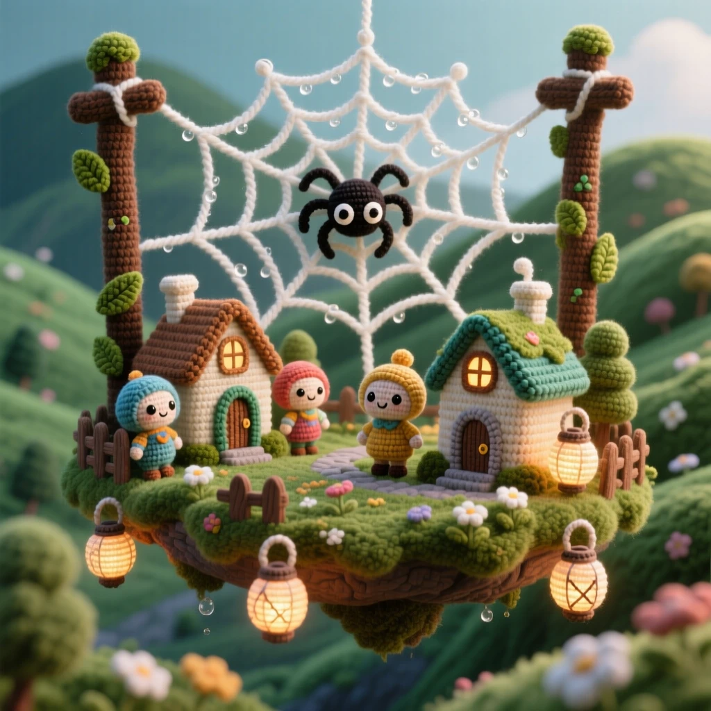 a miniature village built along a giant spiderweb, glistening with morning dew, strung between two garden fence posts, floating gently above a quiet valley, with a cluster of miniature glowing lanterns, evoking cozy, whimsical enchantment.
