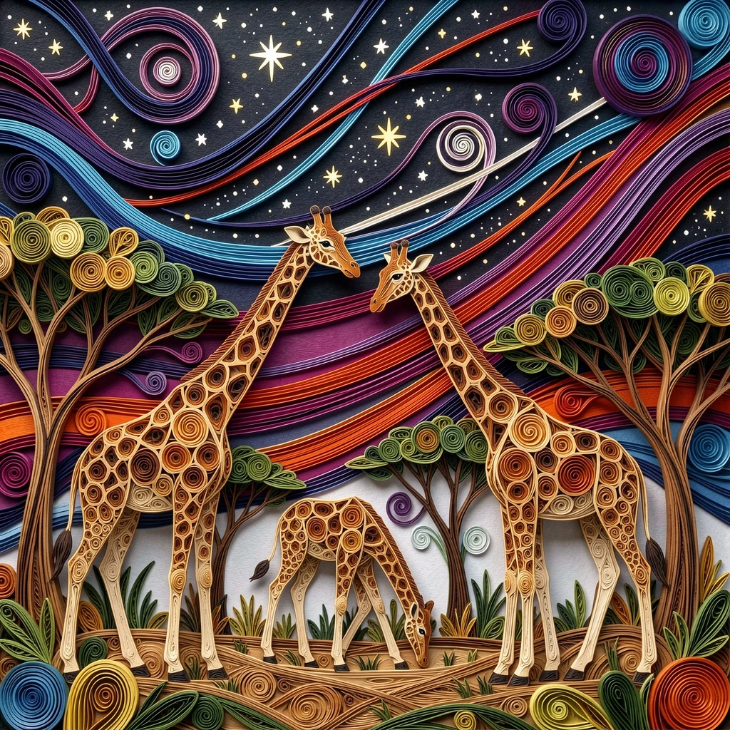 a family of giraffes grazing among acacia trees, beneath a vast star-filled night sky, shot from a low, powerful ground-level angle, beneath a sky streaked with vivid color.