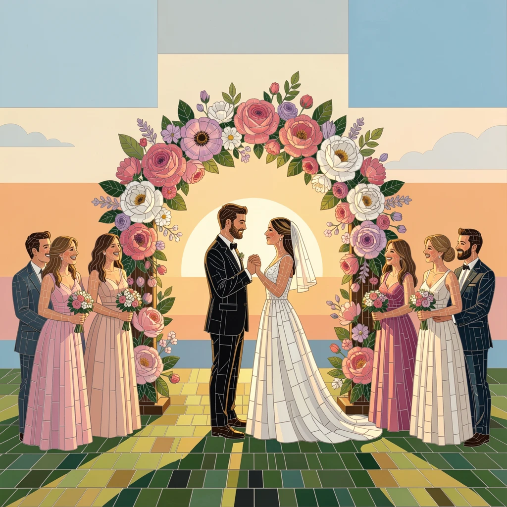 A joyful outdoor summer wedding beneath a floral arch at sunset.