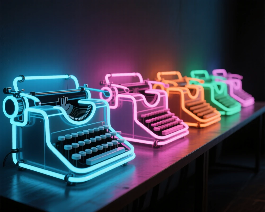 A row of antique typewriters lined up on a long table.