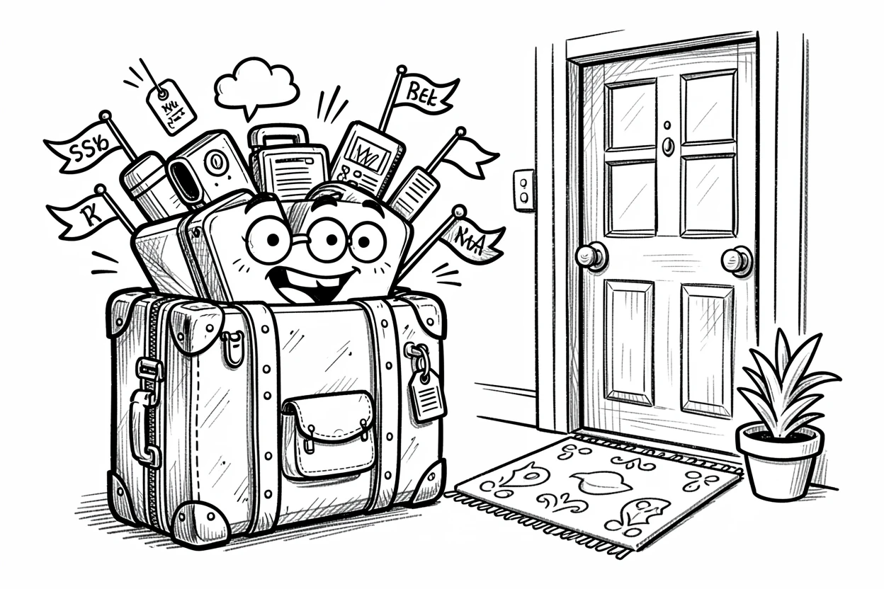 A suitcase eagerly packed for a trip beside a front door ready for adventure.