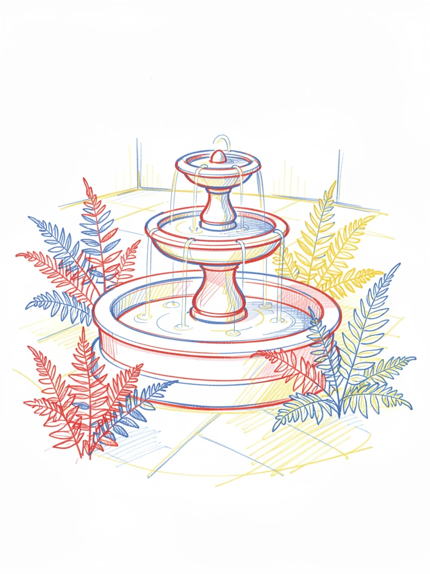A quiet courtyard garden with a trickling fountain surrounded by ferns
