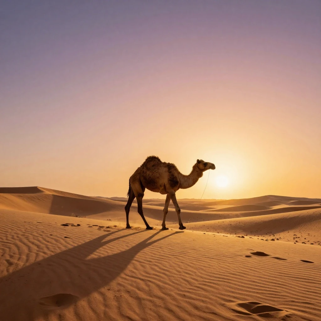 A camel silhouette crossing a golden dune at sunset