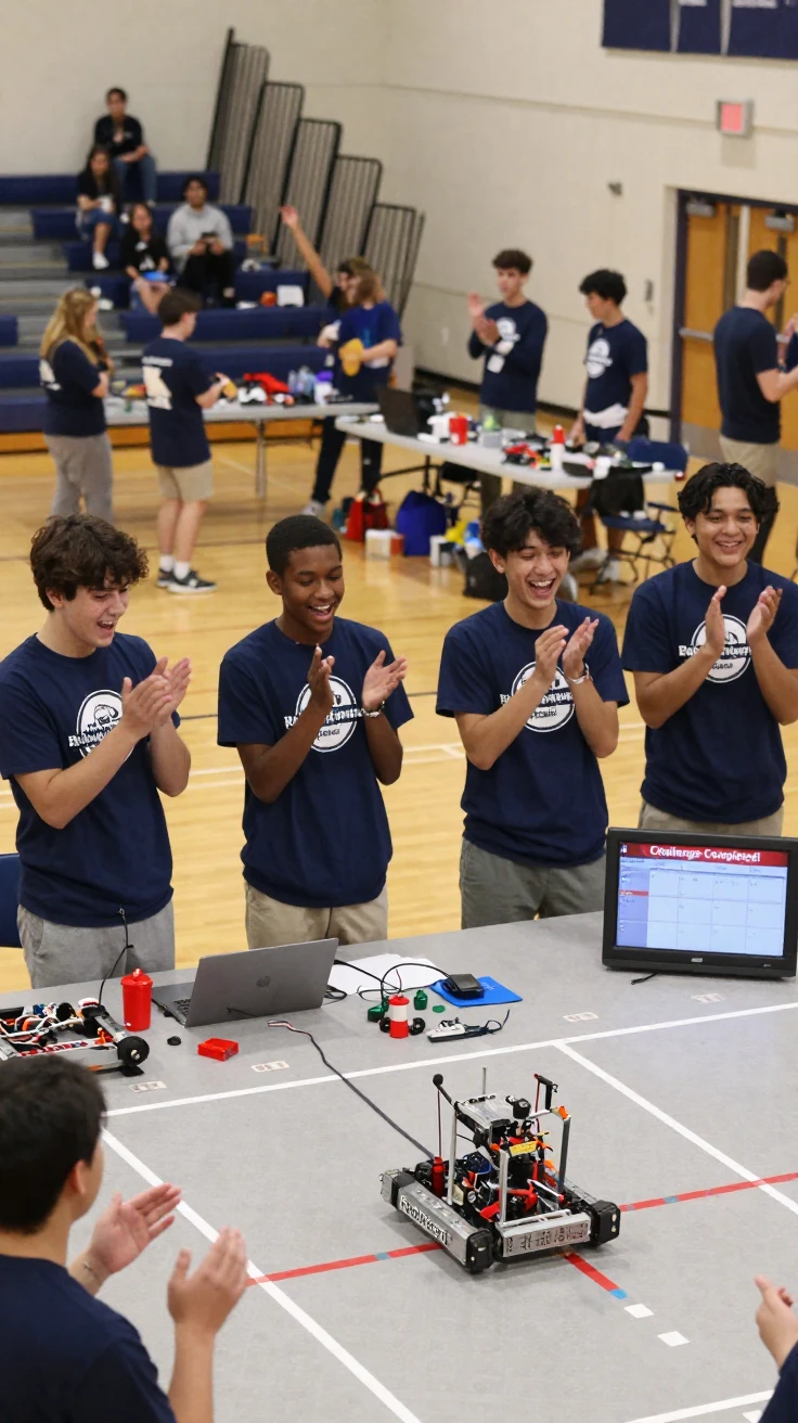 A robotics team celebrates as their machine completes a challenge at a school competition.