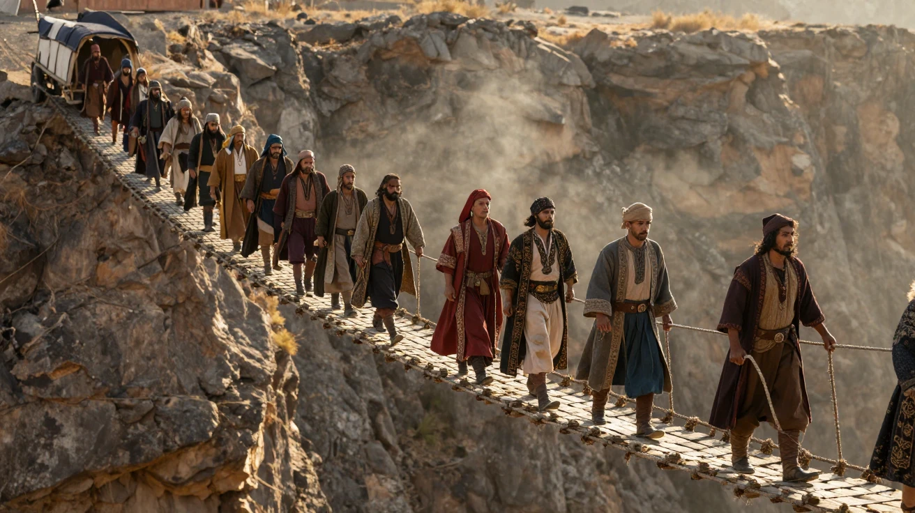 A caravan of silk road merchants crossing a rope bridge above a deep gorge