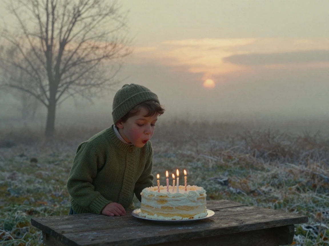 A child blowing out candles on a homemade birthday cake, under a glowing sunset sky, in thick rolling fog, in the depths of winter, with muted olive and rust colors, from a wide establishing view.