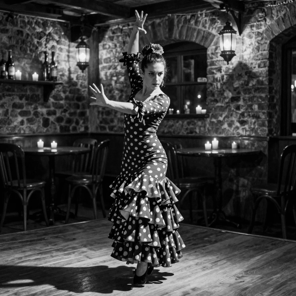 A flamenco dancer stomps with fiery passion on a candlelit tavern stage.