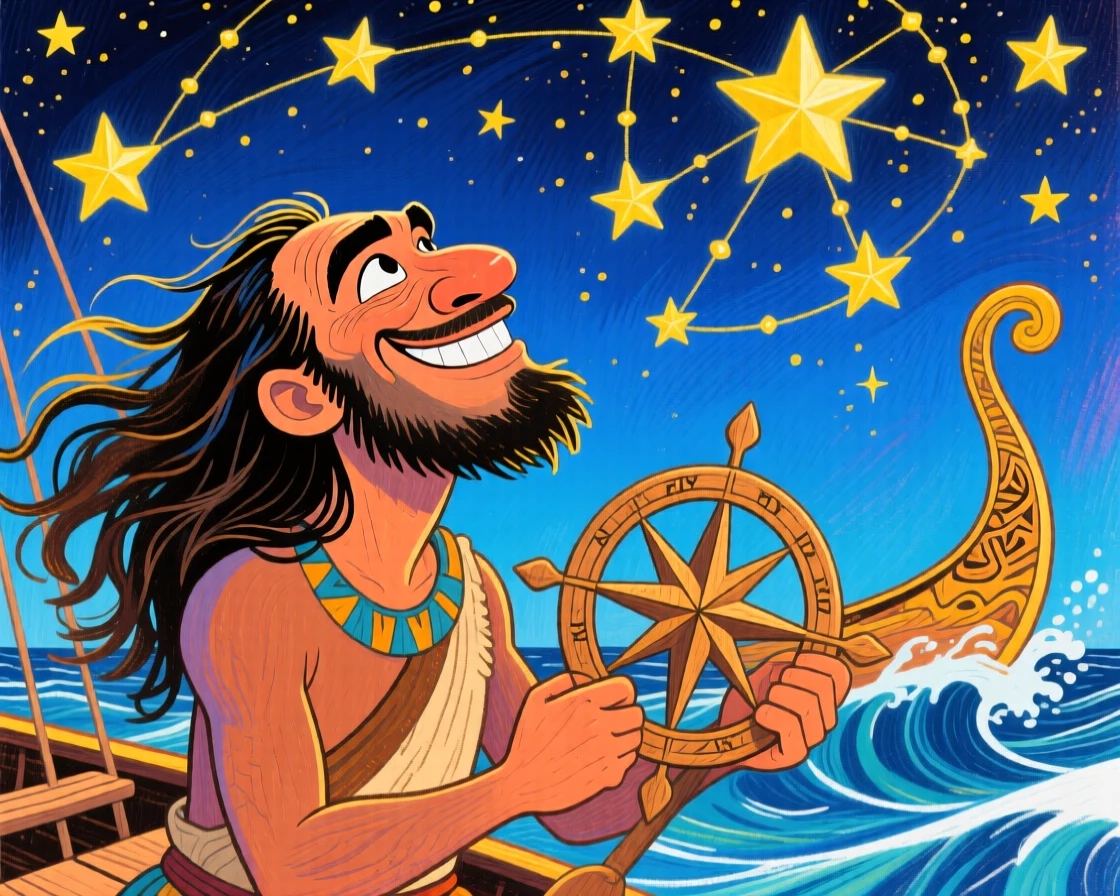 An ancient Polynesian navigator reading the stars to guide his canoe across the open ocean.