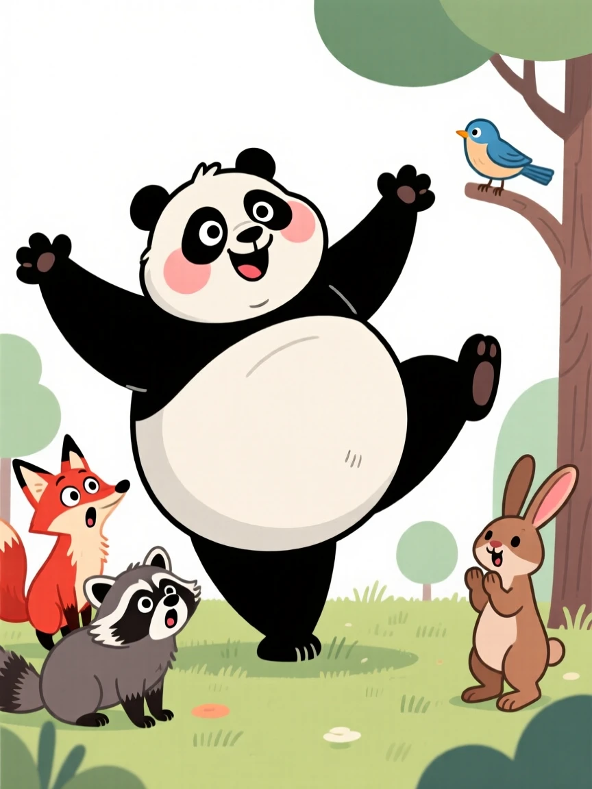 A charming animal moment featuring a plump panda striking a dramatically exaggerated pose, surrounded by curious onlooking animals.