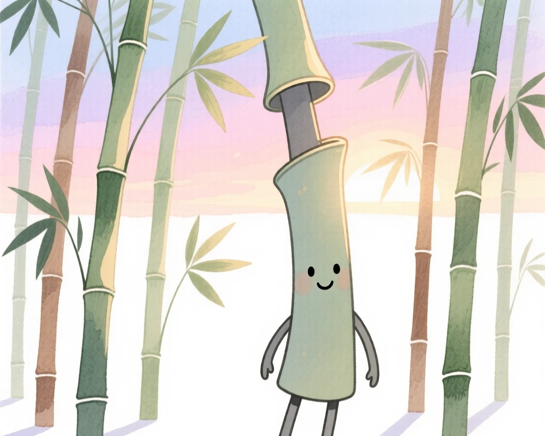 A serene landscape of a bamboo forest with light filtering through tall stalks under a pastel dawn sky