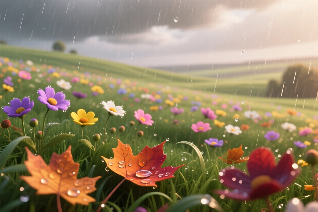 A field of wildflowers glows while a gentle rain begins to fall, with fallen leaves drifting slowly on the breeze. A deep sense of peace and quiet awe fills the scene.