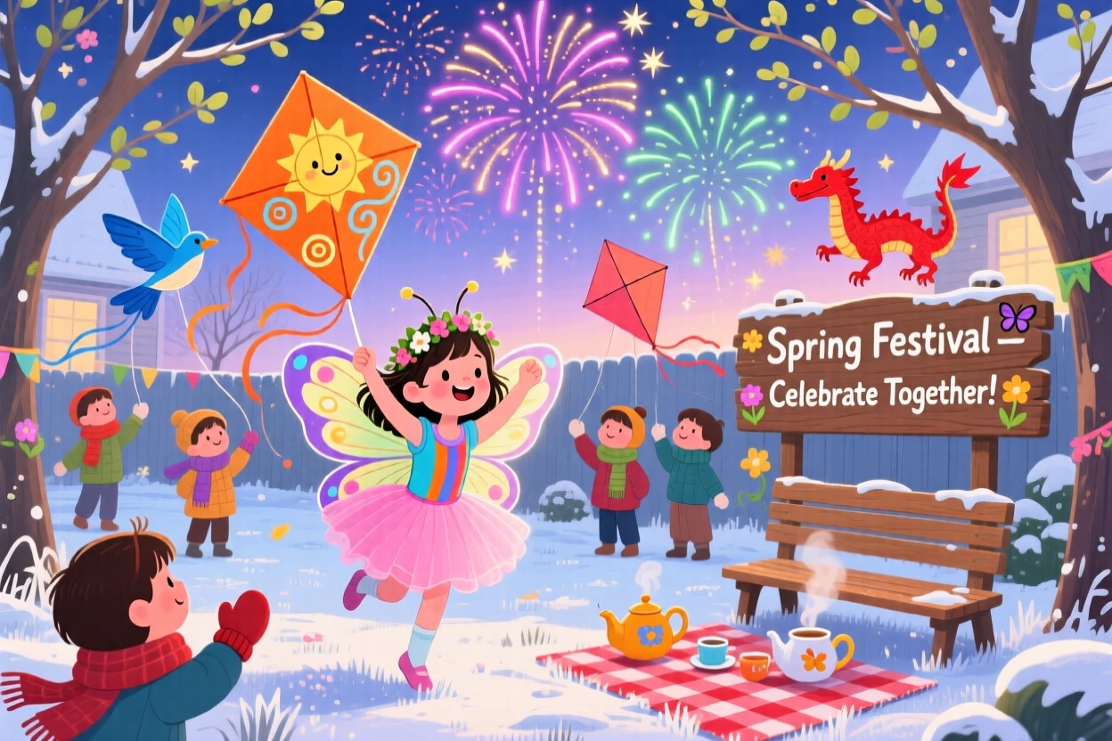 In a frosty backyard, a little girl in a costume celebrate together by flying kites at a spring festival, with fireworks bursting in the sky above.