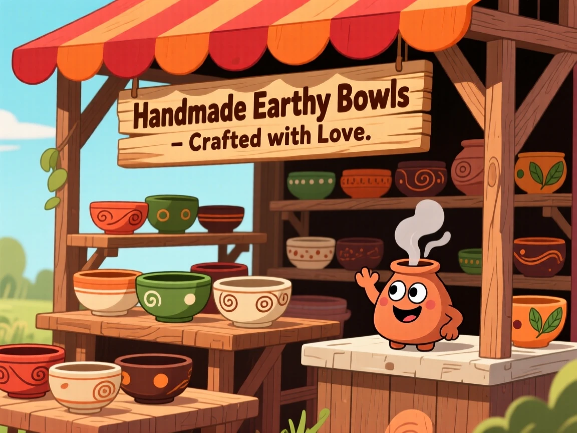 A pottery stall displaying handmade bowls glazed in earthy colors.