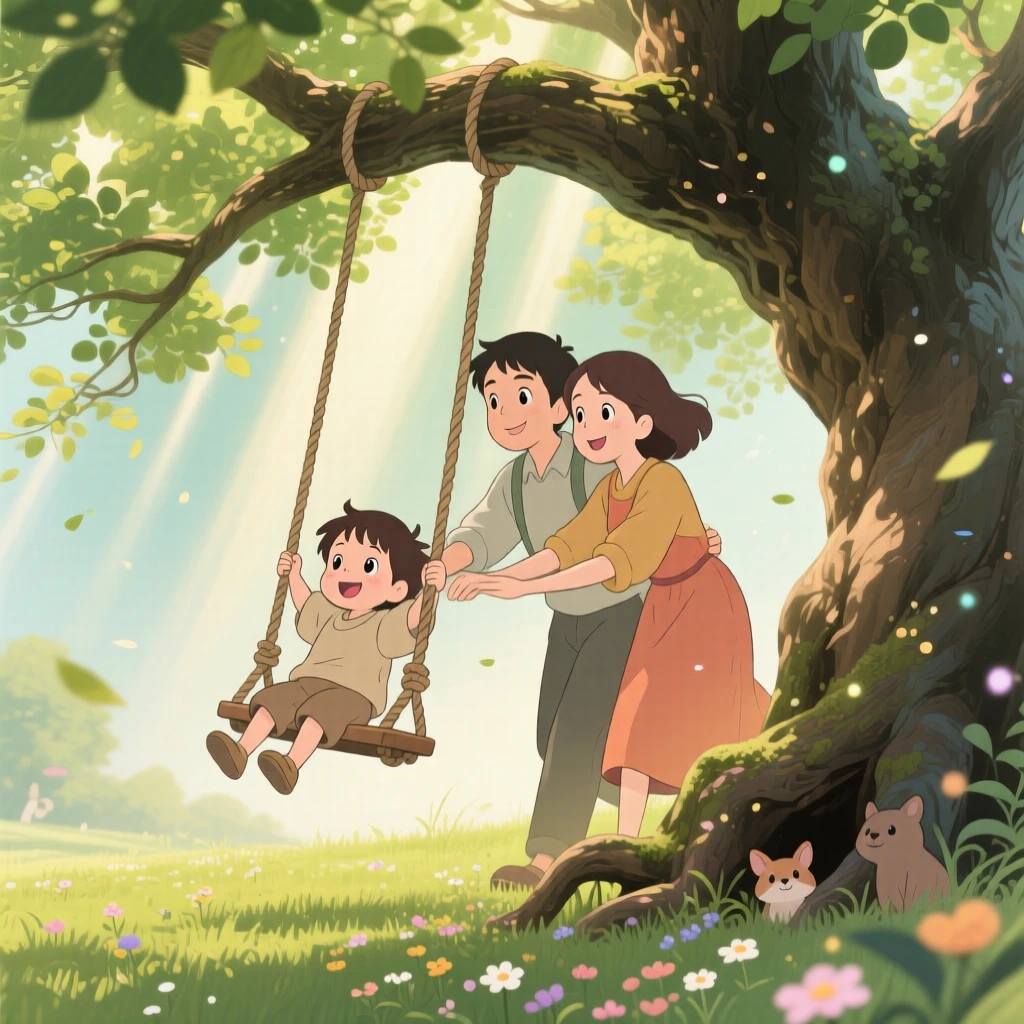 Parents pushing their child on a rope swing beneath an old tree, the scene quietly joyful.