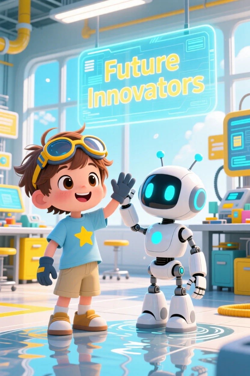A child engineer high-fiving a friendly helper robot in a bright futuristic workshop during a light summer breeze; shimmering reflected light off water washes over the scene as bubbly enthusiasm fills the moment. Wide establishing shot.