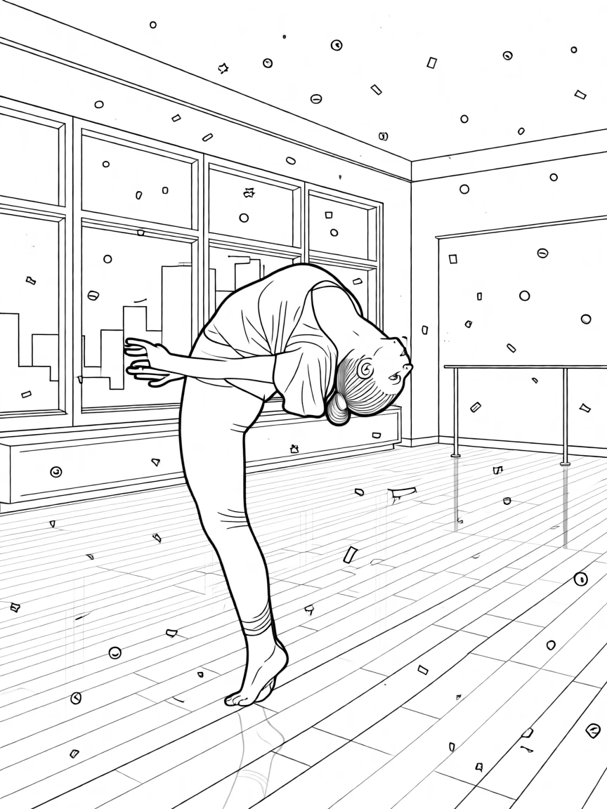 A contemporary dancer arched dramatically in an empty studio, with confetti falling through the air.