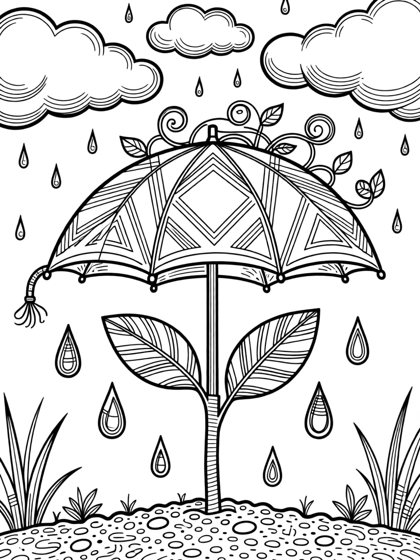 A single umbrella shielding a small seedling from falling rain.