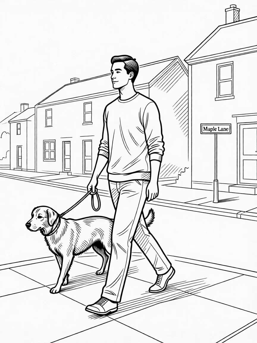 A person walking a dog through a quiet neighborhood