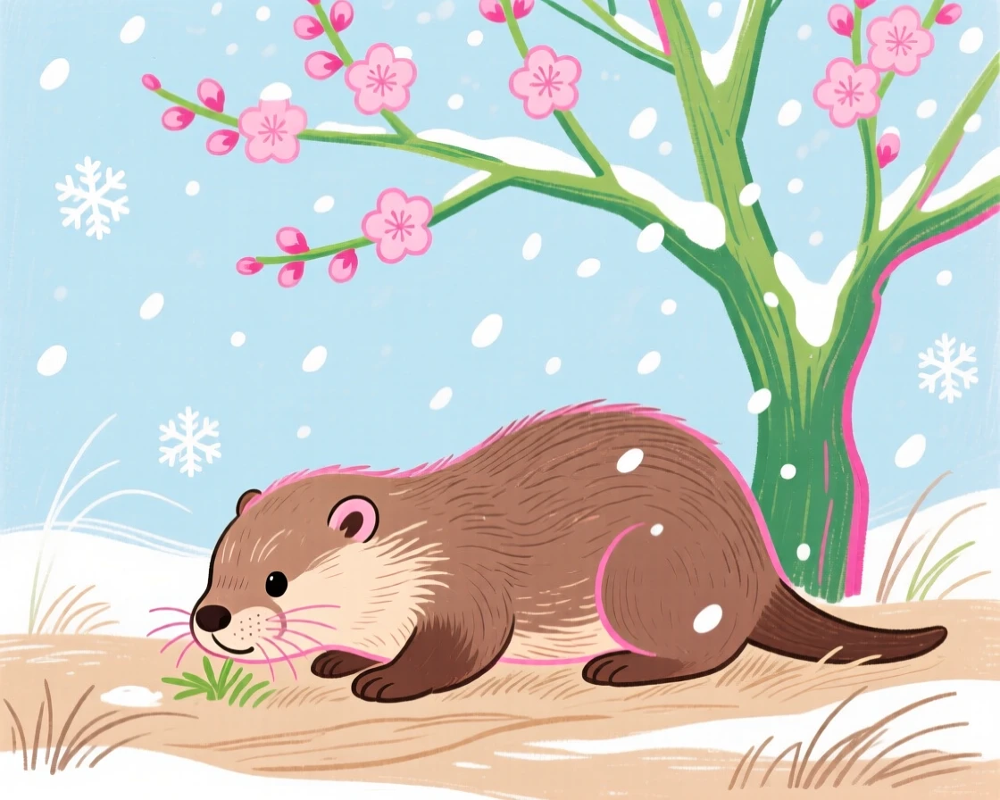 A baby otter grazing under a blossoming tree during a light snowfall.