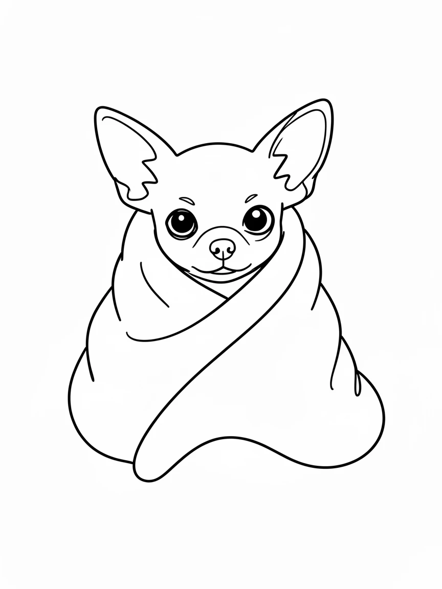 A chihuahua wrapped snugly in a small blanket, peeking out with big eyes