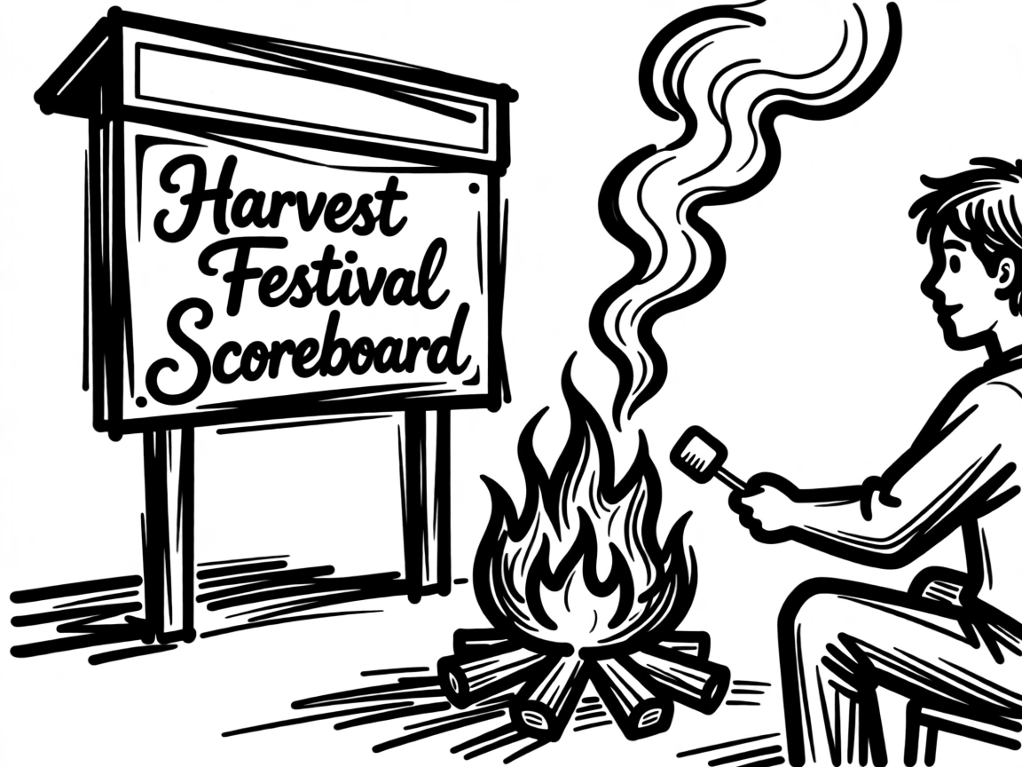 An autumn scoreboard scene with a bonfire and marshmallow roast after harvest.