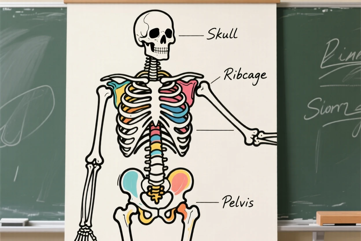 A diagram of the human skeleton displayed in an anatomy classroom.
