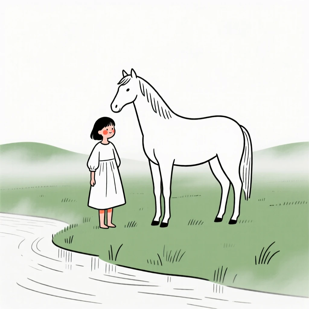 A young girl with a horse in a green pasture, on a misty riverbank.