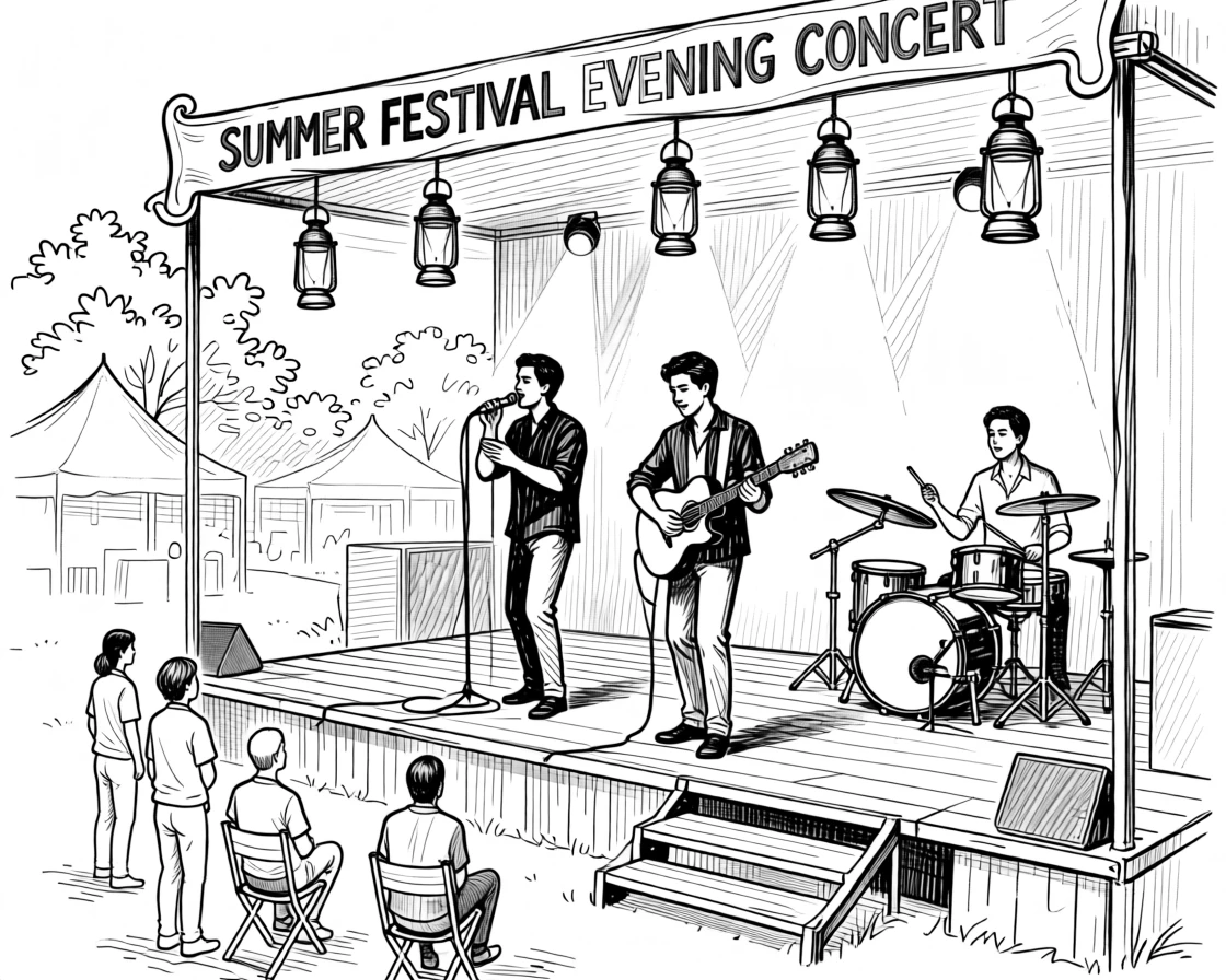A festive summer festival with a stage lit for an evening concert.
