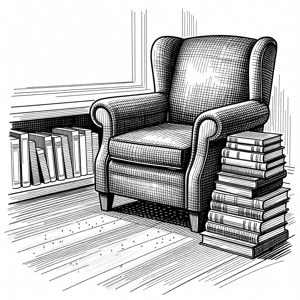 A quiet reading corner with a stack of favorite books as golden light stretches across the floor, with dust motes drifting gently in the light, evoking a simply content sense of calm.