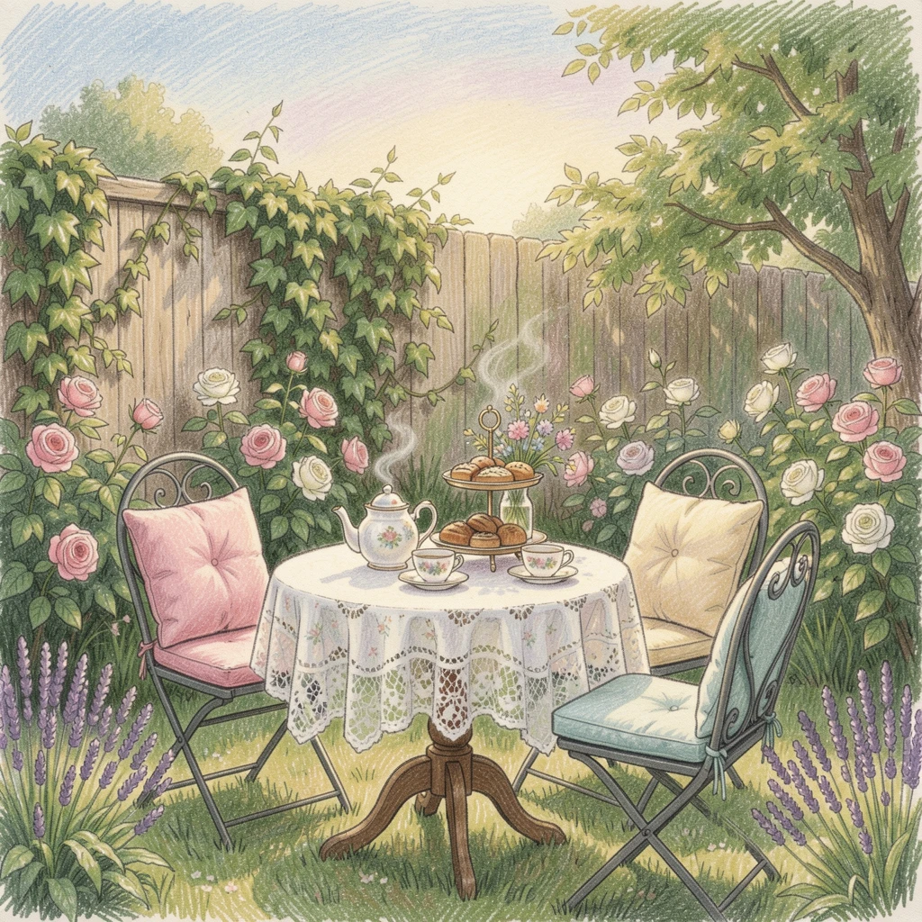 A quiet bed and breakfast garden set for afternoon tea, set against a softly lit, atmospheric backdrop, designed to feel inviting, memorable, and shareable.