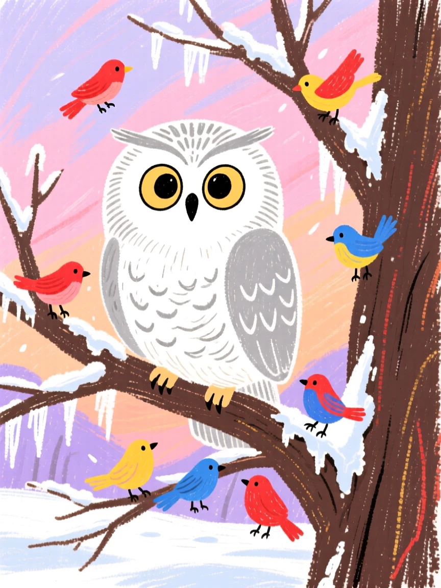 A view of a snowy owl on a frosted branch with birds gathering nearby at dawn.