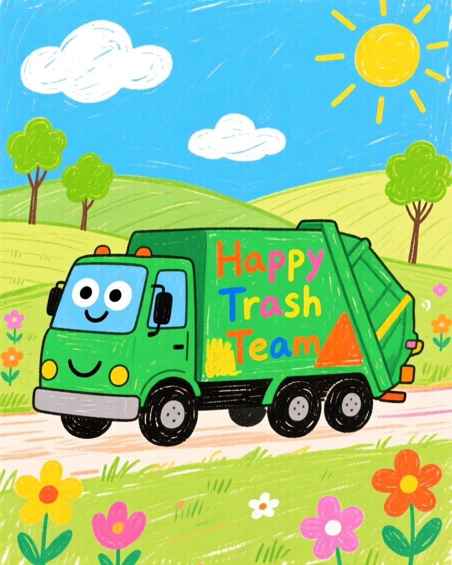 A friendly garbage truck driving through a sunny countryside.