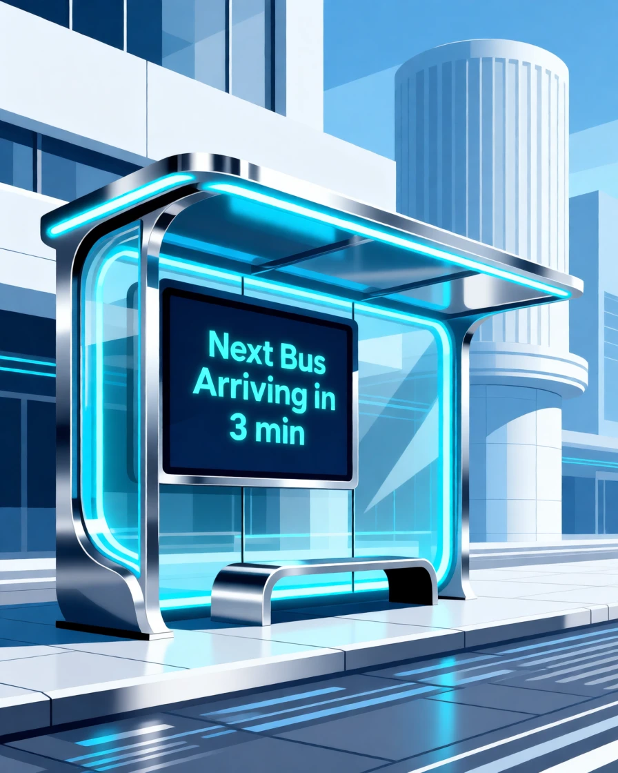 A futuristic bus stop with a glowing digital display, surrounded by clean minimalist architecture, composed with layered depth suggesting advanced technology, with a subtle sense of wonder about future possibilities.