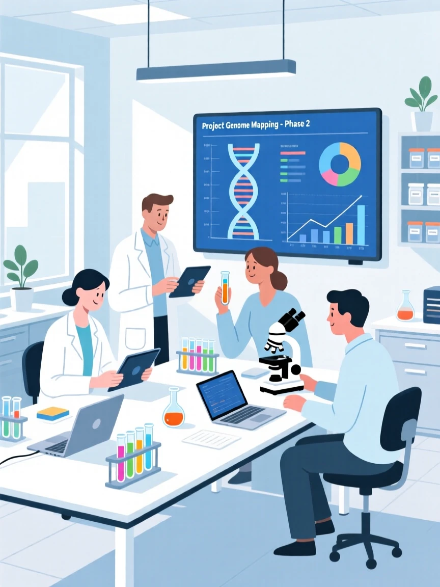 A team of scientists collaborating on a project in a bright research lab.