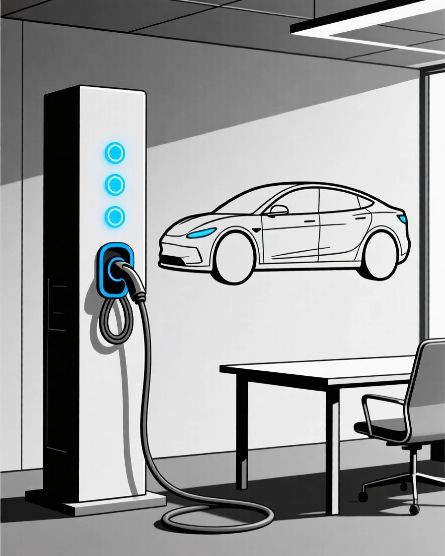 A view of electric car charging station operating within a minimalist tech office, near glowing indicator lights, evoking futuristic optimism.