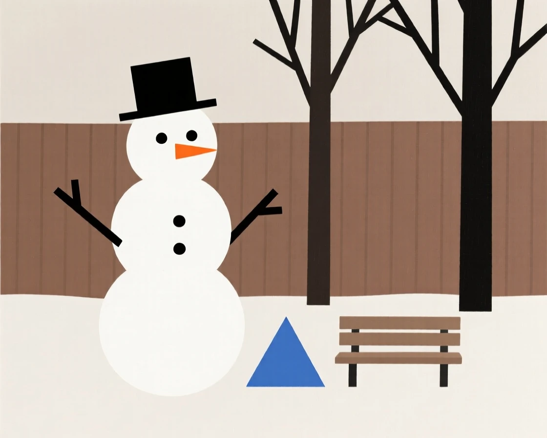 A snowman building scene in a quiet backyard