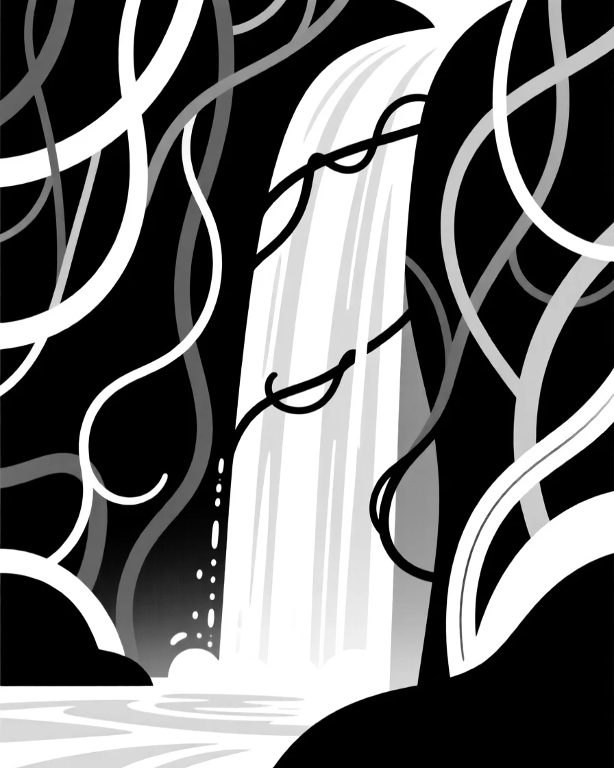 A hidden waterfall behind a curtain of vines.