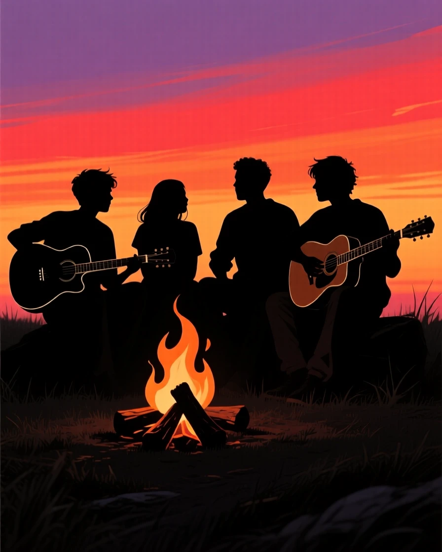 A group of friends playing acoustic guitar together around a campfire.