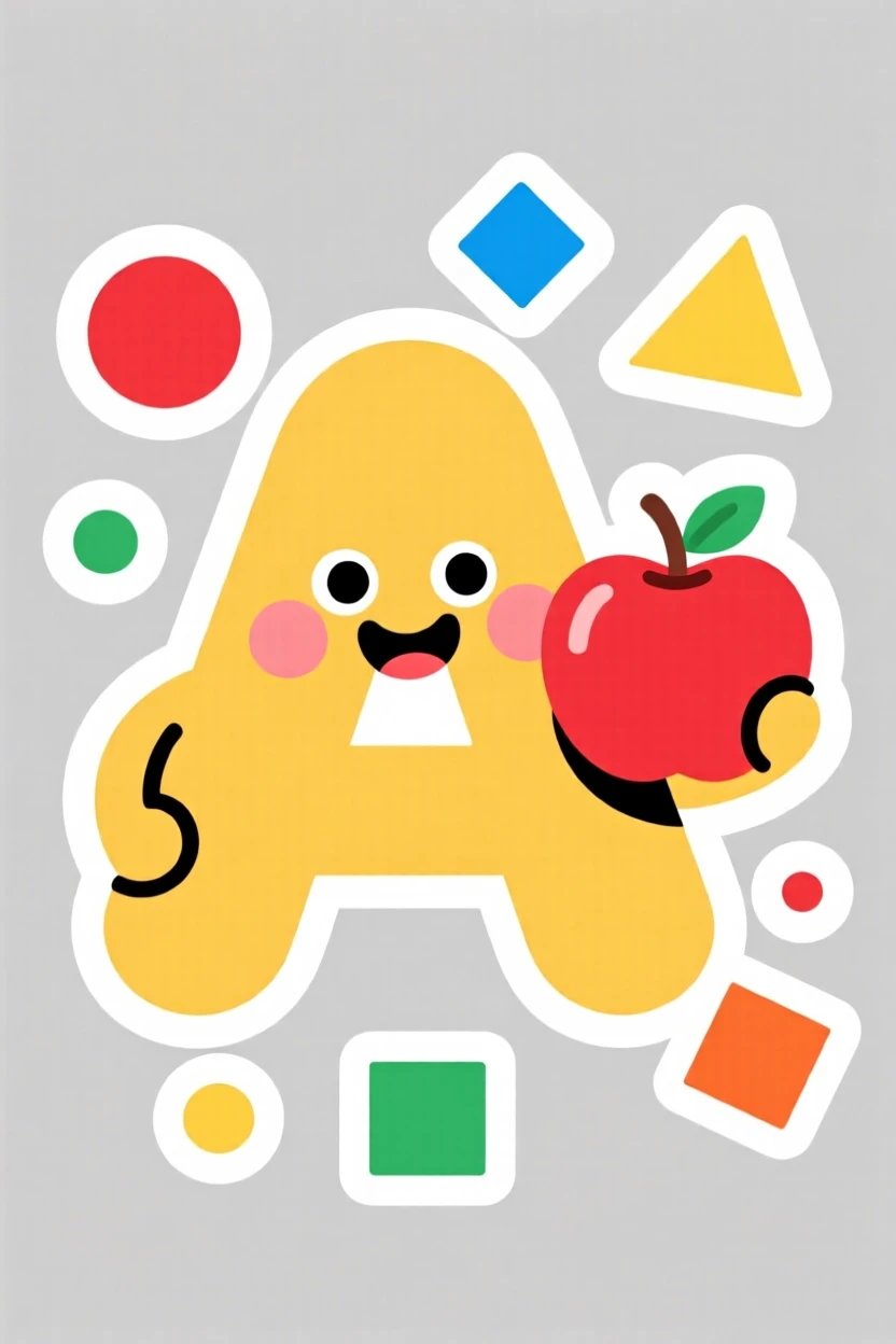 A bright and friendly friendly cartoon letter A holding an apple, surrounded by simple colorful shapes, in a colorful and encouraging style.
