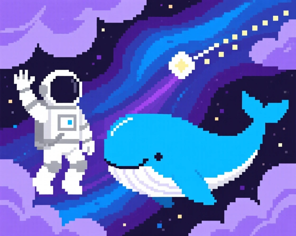 An astronaut floating beside a giant space whale waving at a passing comet, within a nebula glowing in shades of purple and blue.