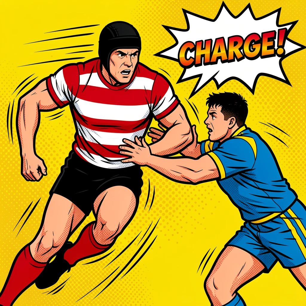 A rugby player charging forward through a tackle