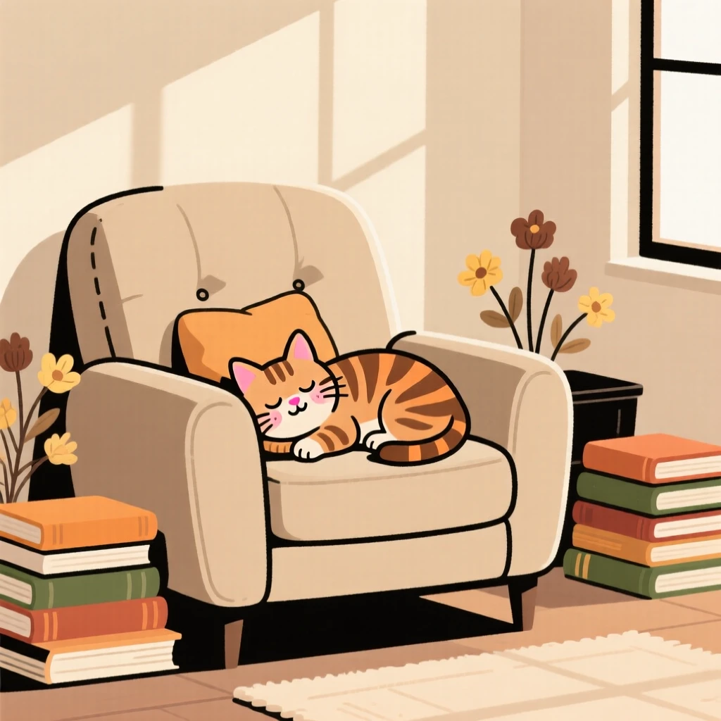 Morning light spills across a cozy living room filled with stacks of books and dried flowers, where a tabby kitten naps peacefully on the armchair cushion.