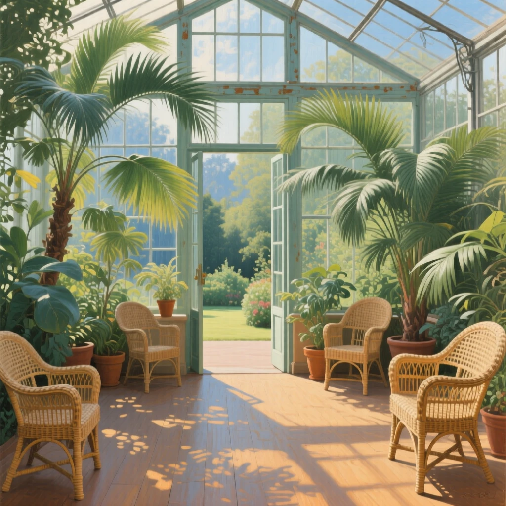 A centered composition of a sunlit conservatory filled with potted palms and wicker chairs, in the height of summer.