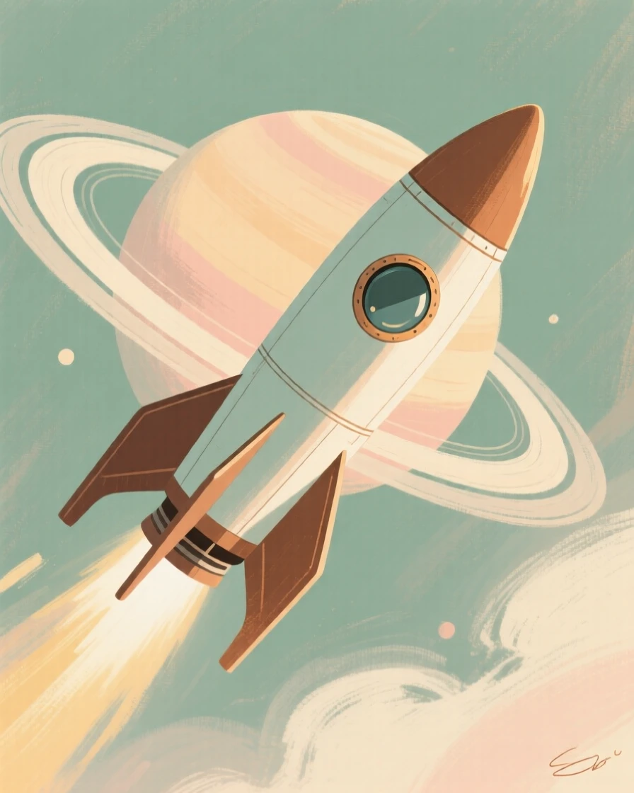 A retro rocket ship soaring past a ringed planet
