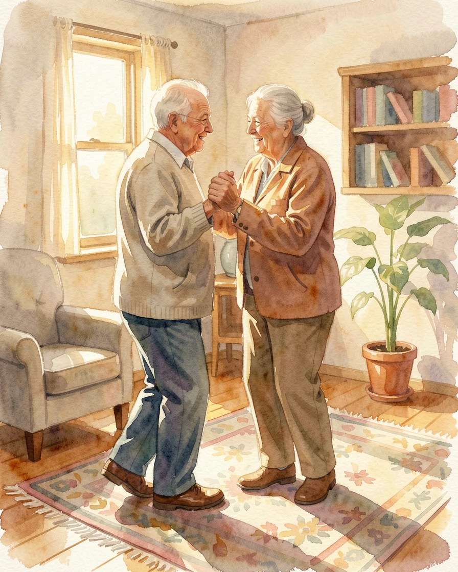 Grandparents dancing together in their living room as golden light bathes the scene.