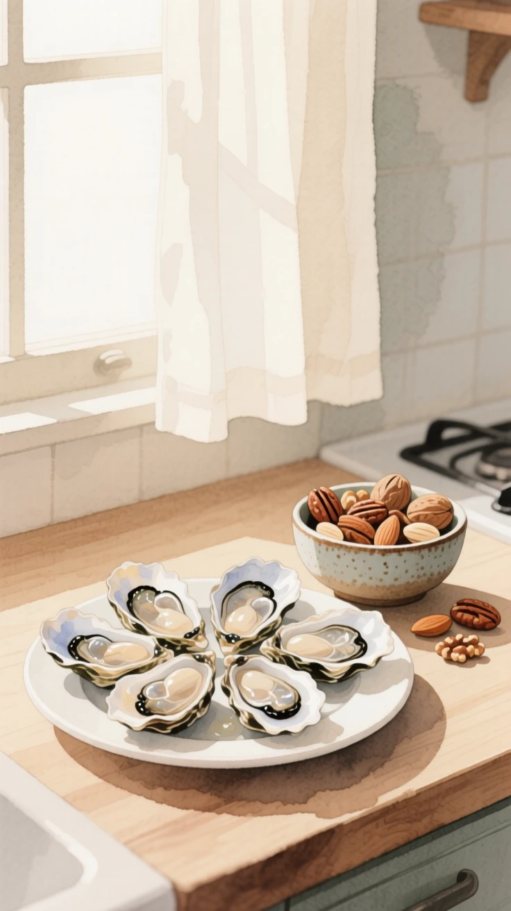 A plate of fresh oysters sits beside a bowl of mixed nuts in a cozy kitchen at breakfast, arranged beautifully for a delightful meal