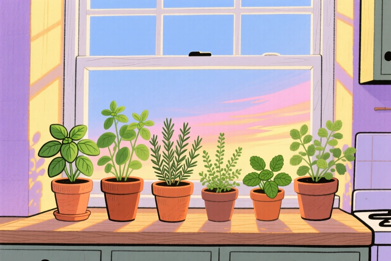 A windowsill herb garden in morning light, glowing softly as evening falls.